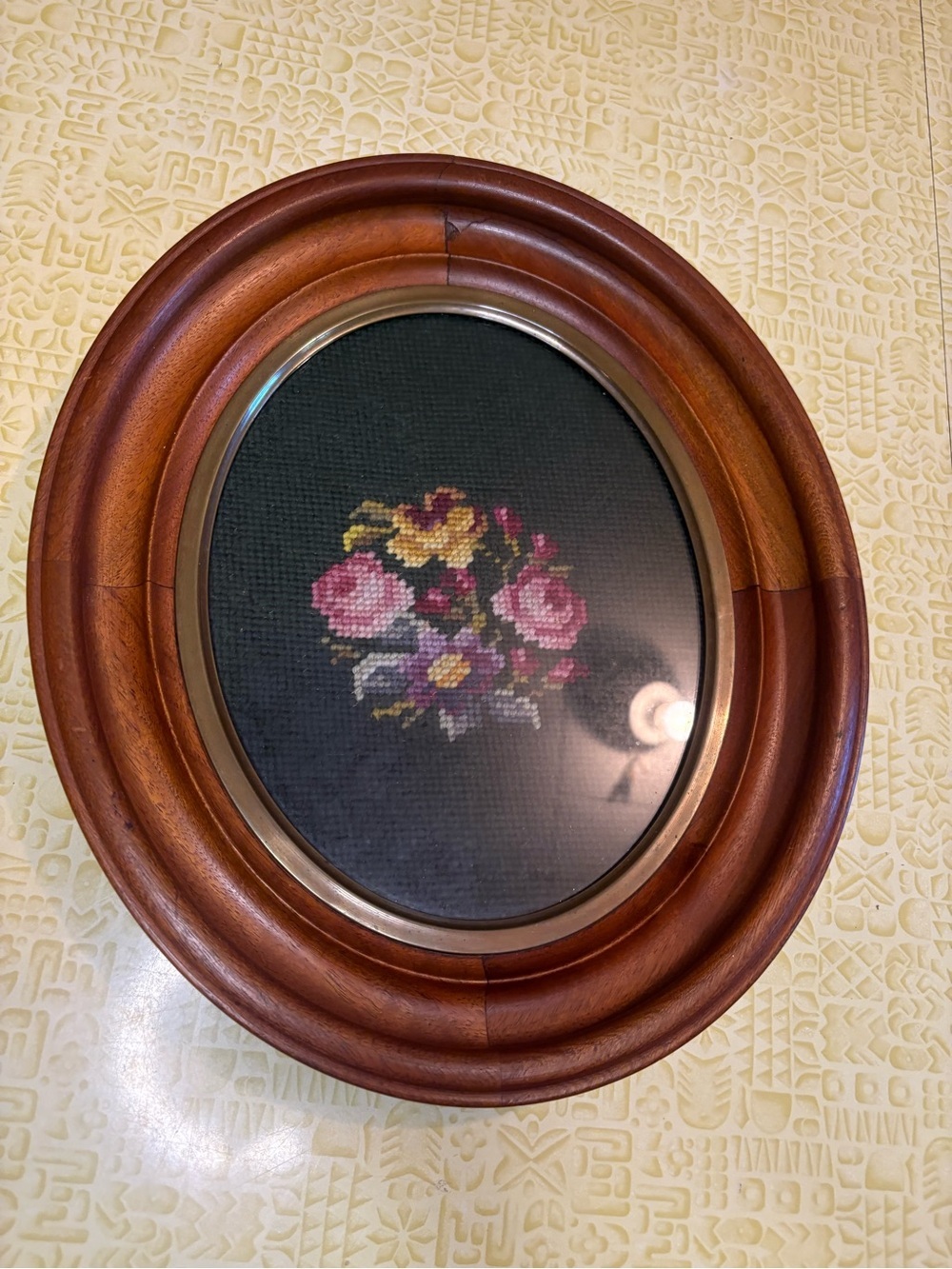 Vintage Framed Floral Needlepoint Wall Art - Pink & Yellow Roses